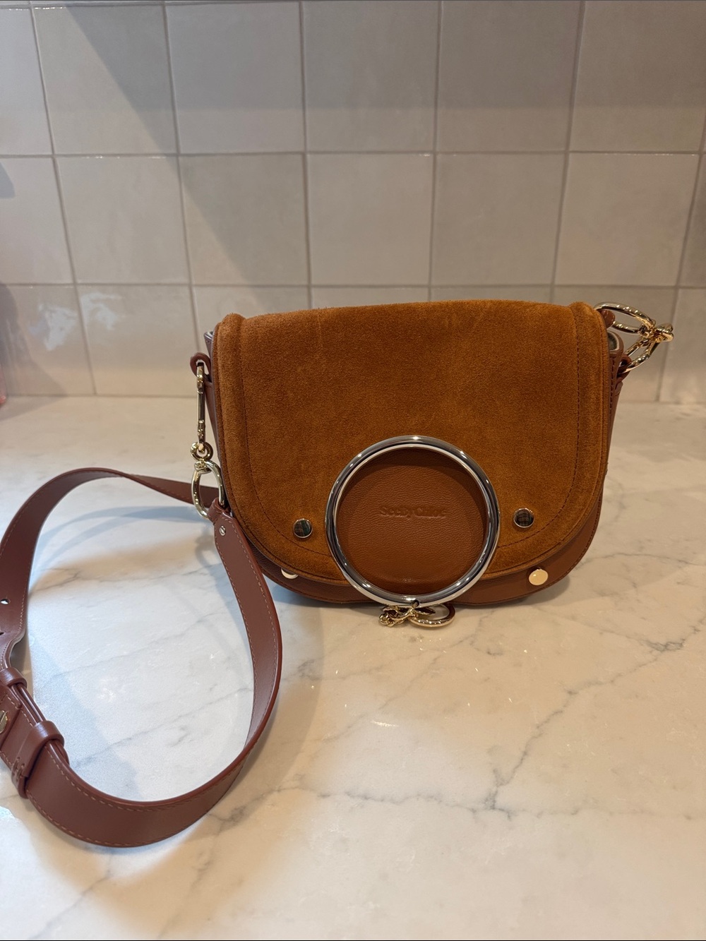 See by Chloe Suede Crossbody Saddle Bag in Cognac Brown